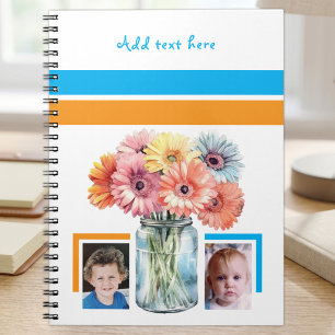 Cuaderno 2 flores de texto personalizado azul naranja
