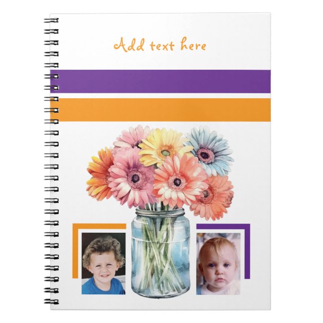 Cuaderno 2 flores de texto personalizado morado naranja (Frente)