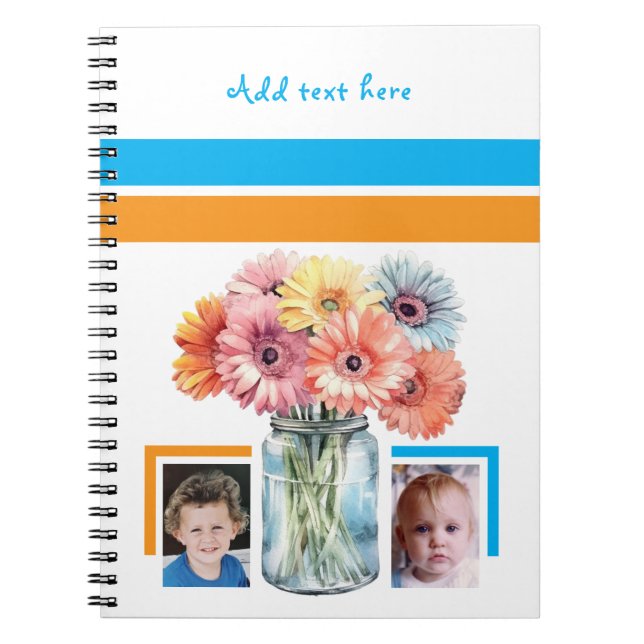 Cuaderno 2 photo custom text flowers blue orange (Frente)
