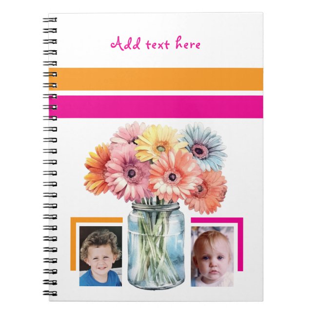 Cuaderno 2 photo custom text flowers pink orange (Frente)