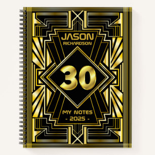 Cuaderno 30.º cumpleaños Art Deco Oro Gran Gatsby Negro