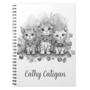 Cuaderno 3 Nombre personalizado de gatitos blancos y negros