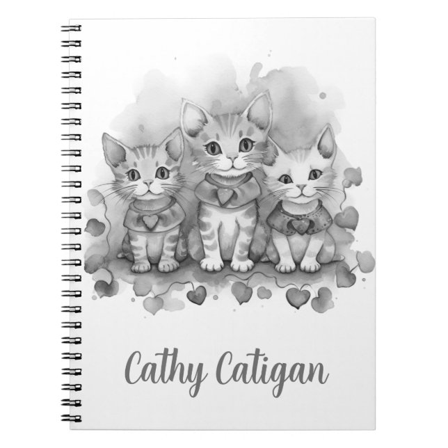 Cuaderno 3 Nombre personalizado de gatitos blancos y negros (Frente)