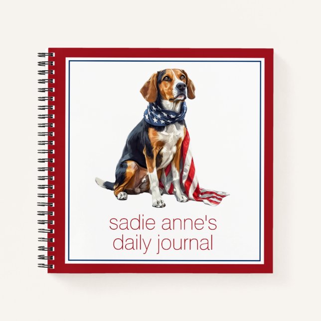 Cuaderno 4 de julio Patriótico Hound Dog Personalizado (Anverso)