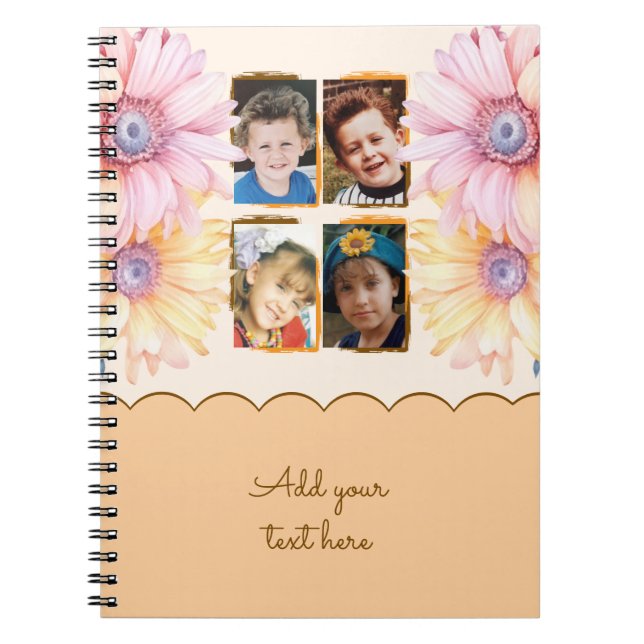 Cuaderno 4 flores de texto naranja marrón (Frente)