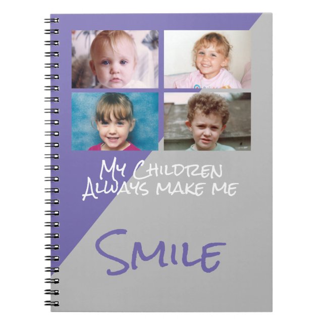 Cuaderno 4 fotos niños me hacen sonreír gris morado (Frente)