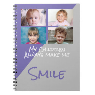 Cuaderno 4 fotos niños me hacen sonreír morado gris