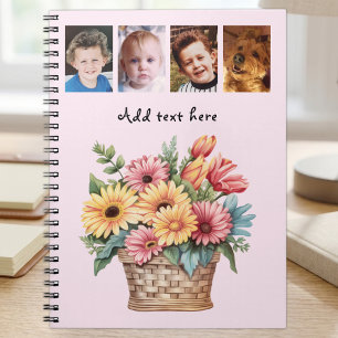 Cuaderno 4 fotos texto personalizado gerbera flores rosa