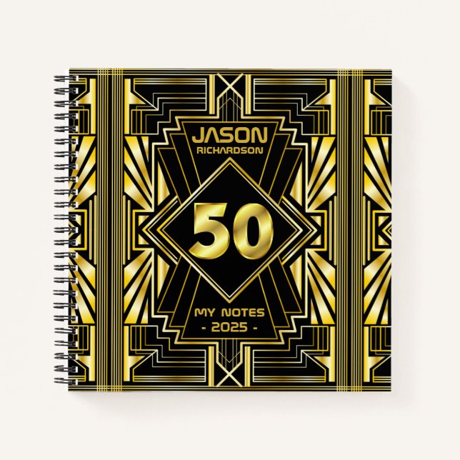 Cuaderno 50.º cumpleaños Art Deco Oro Gran Gatsby Negro (Anverso)