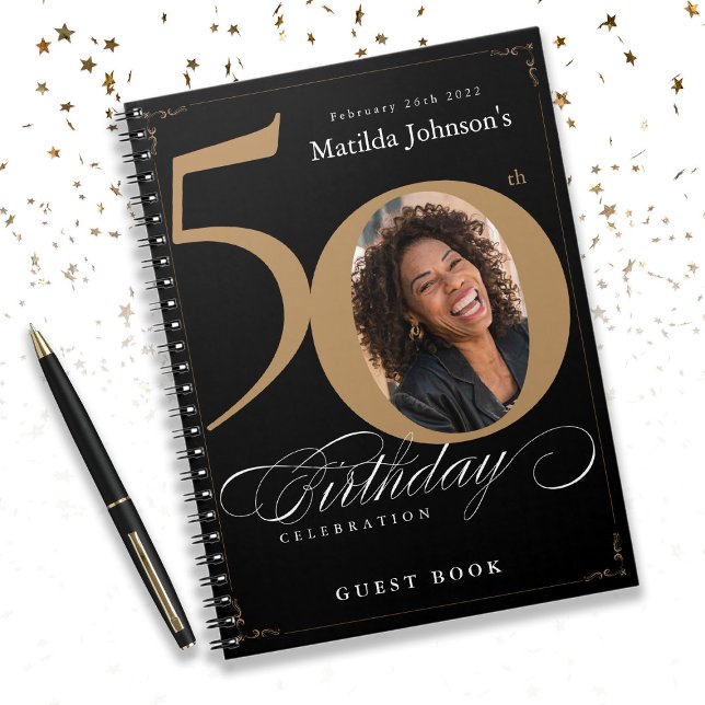 Cuaderno 50.º libro de oro elegante de cumpleaños (50th Birthday Elegant Black Gold Script Guestbook Notebook)