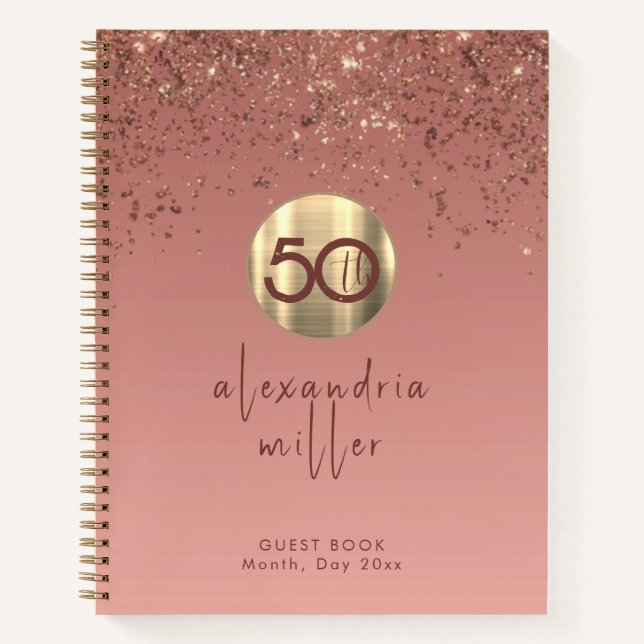 Cuaderno 50.º Rosa de cumpleaños Purpurina de oro (Anverso)