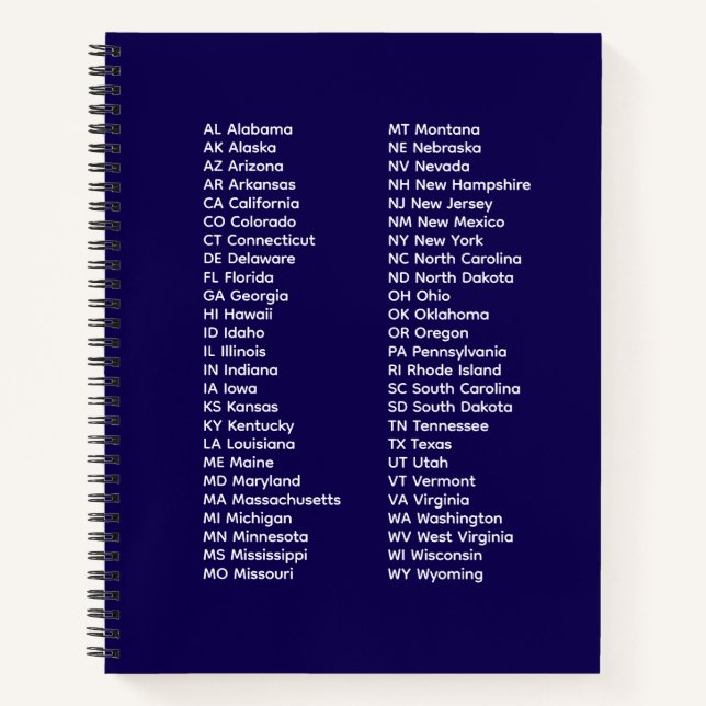 Cuaderno 50 States Abbreviations – Blue Spiral Notebook (Anverso)