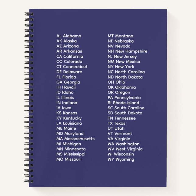 Cuaderno 50 States Abbreviations List – Blue Spiral Noteboo (Anverso)