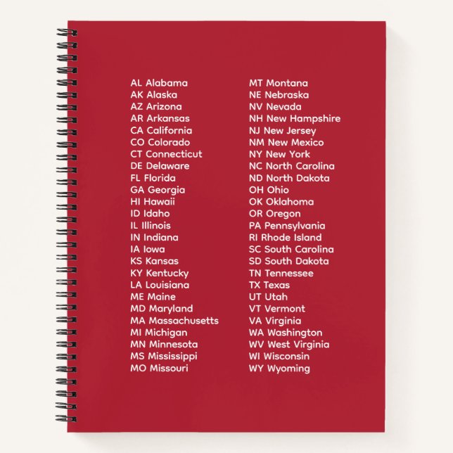 Cuaderno 50 States Abbreviations – Red Spiral Notebook (Anverso)