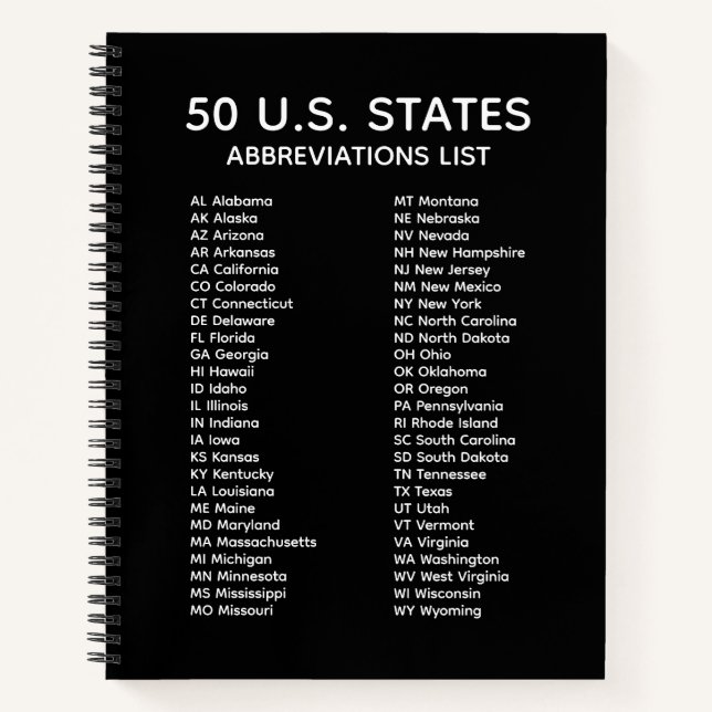 Cuaderno 50 U.S. States Abbreviations List – Black Notebook (Anverso)