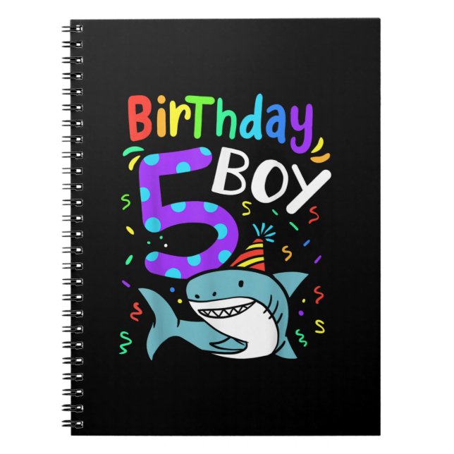 Cuaderno 5.º cumpleaños, cinco años, regalos de tiburón (Frente)