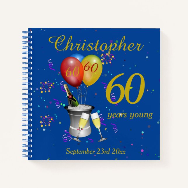Cuaderno 60.º cumpleaños Champán Fiesta azul portátil (Anverso)