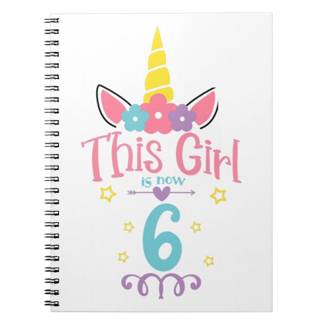 Cuaderno 6.º cumpleaños, Chica unicornio, sexto año de edad (Frente)