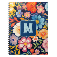 70s 60s Floral Monograma Retro Azul y Naranja 