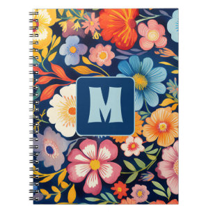 Cuaderno 70s 60s Floral Monograma Retro Azul y Naranja 