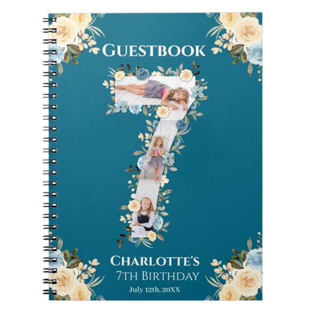 Cuaderno 7.º cumpleaños Verde azulado foto flor libro de in (Frente)