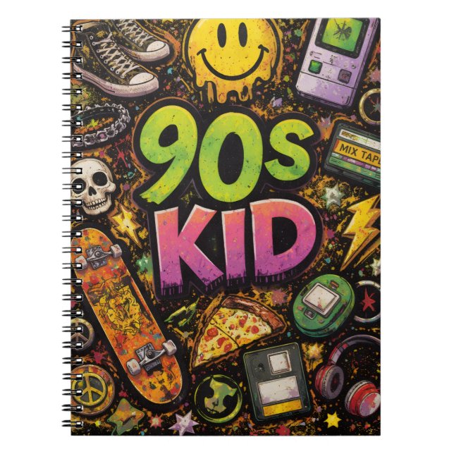 Cuaderno 90s Kids Retro Pizza Smiley Face Flower Design (Frente)