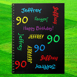 Cuaderno 90th Birthday Party Guest Book, Repeat Name Black<br><div class="desc">What a wonderful, personalized Guest Book for a 90th birthday party or any other occasion. On the cover, Name and Age repeats in different fonts and primary colors on a black background. Easy to personalize - just CHANGE NAME, AGE, and OCCASION in ONE PLACE. Supports name up to 9 characters....</div>