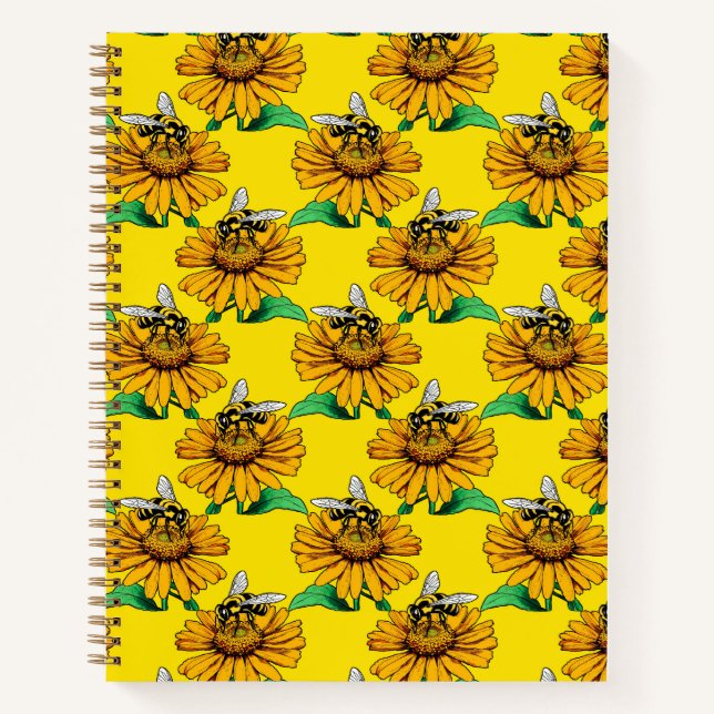 Cuaderno Abeja en diseño de patrón de flor de girasol amari (Anverso)
