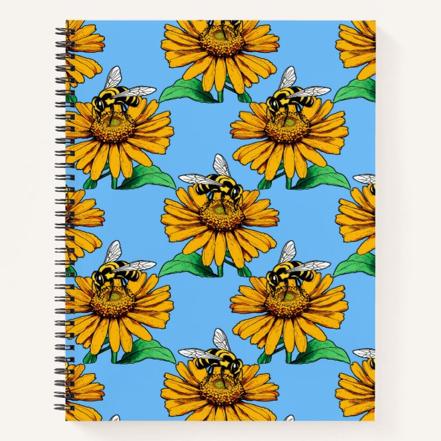 Cuaderno Abeja en diseño de patrón de flor de girasol azul (Anverso)