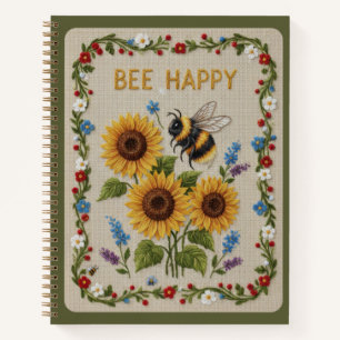 Cuaderno Abeja Feliz Bordado Abejorro y Girasoles Floral