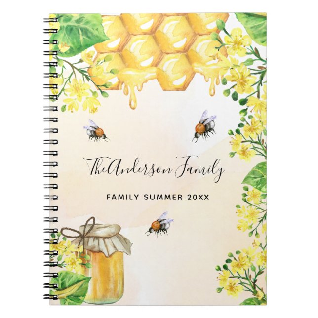 Cuaderno Abejas de burbujas miel floros amarillos monograma (Frente)