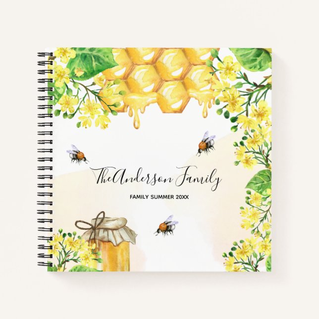 Cuaderno Abejas de burbujas miel floros amarillos monograma (Anverso)