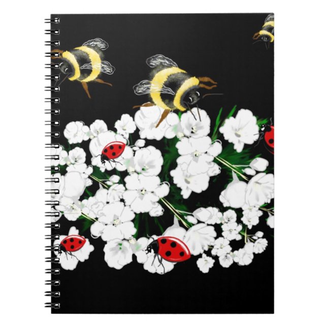 Cuaderno Abejas dramáticas ladybugs y flores blancas en neg (Frente)