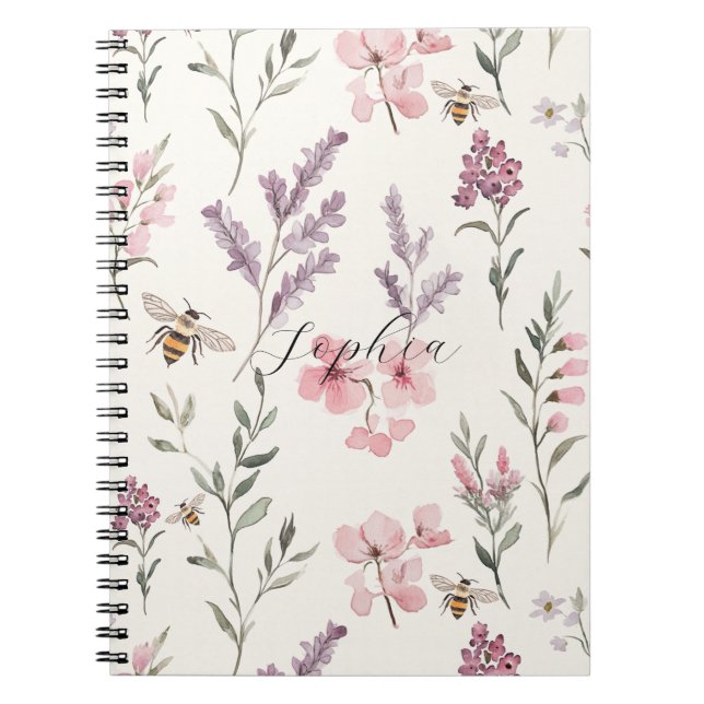 Cuaderno Abejas Flores Lavanda Rosadas (Frente)