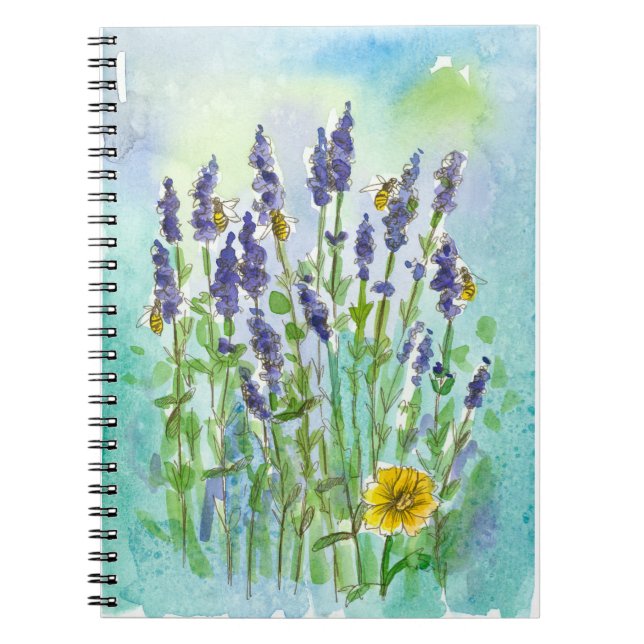 Cuaderno Abejas Lavanda Acuarela Flores Azul Teal (Frente)