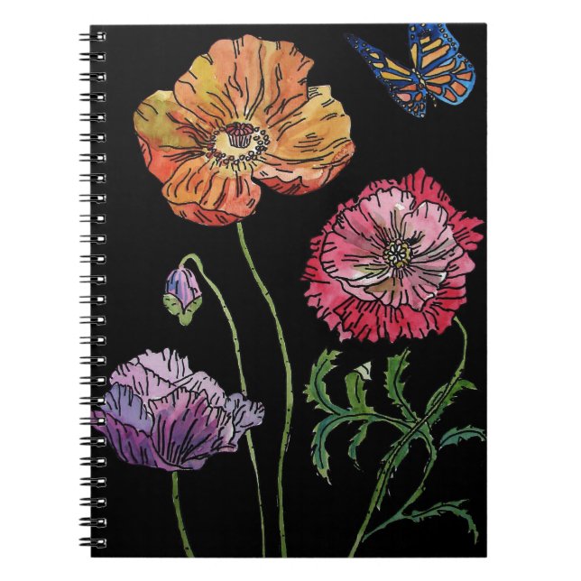 Cuaderno Abonitas amapolas en pintura de acuarela negra (Frente)