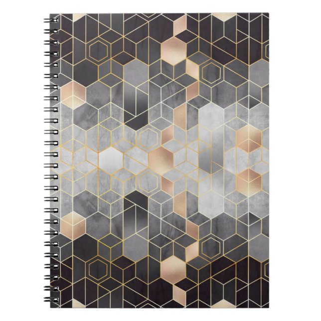 Cuaderno Absorción geométrica de hexagones en negro y w (Frente)
