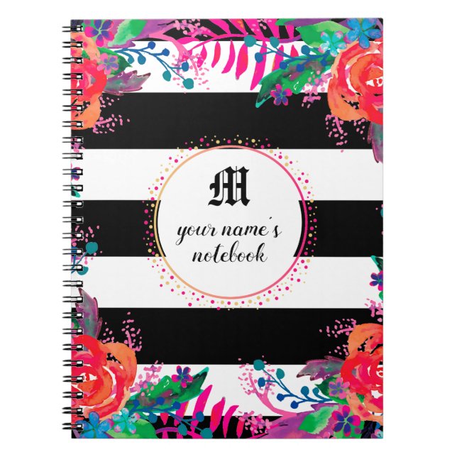 Cuaderno Abstract watercolor floral forest black striped (Frente)