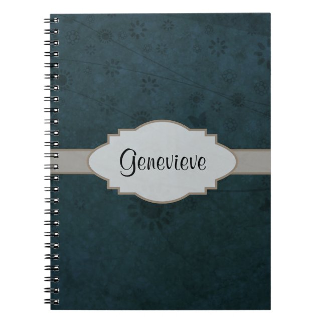 Cuaderno Abstracto floral Retro Azul Profundo Nameplate (Frente)