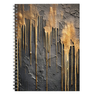 Cuaderno Abstracto Moderno Negro y Goteo Dorado Metálico