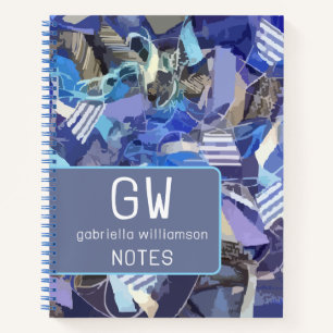Cuaderno abstracto náutico a rayas blancas azul marino mono