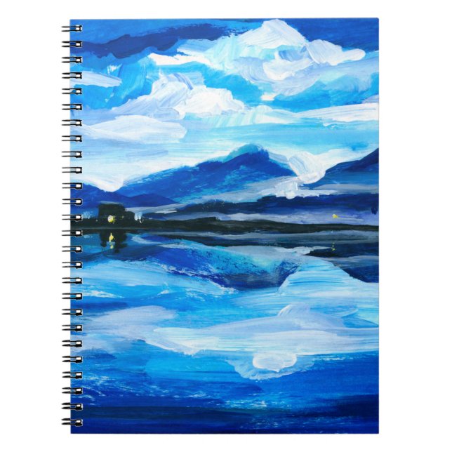 Cuaderno Aceite Pintura del crepúsculo del lago de montaña. (Frente)