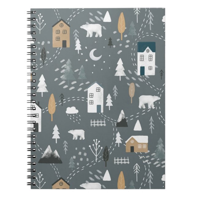 Cuaderno Acogedor invierno gris azul en pueblo nórdico (Frente)