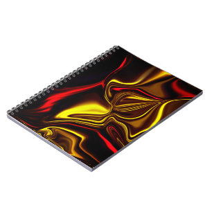 Cuaderno Acos curvos rojos y dorados sobre fondo oscuro
