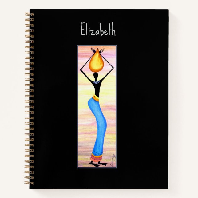 Cuaderno Acuarela, arte africano, mujer elegante (Anverso)