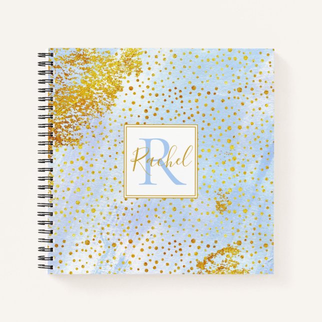 Cuaderno acuarela azul claro, monograma confetti dorado (Anverso)