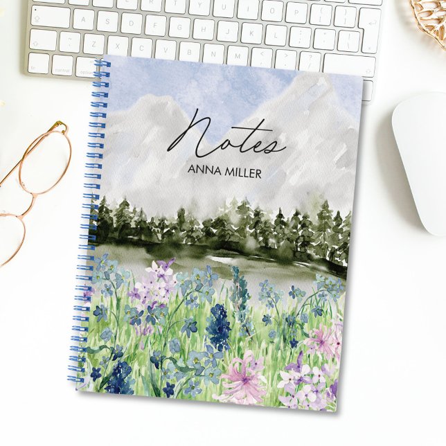 Cuaderno Acuarela Azul Púrpura Flor pradera en montaña (In situ office desk)
