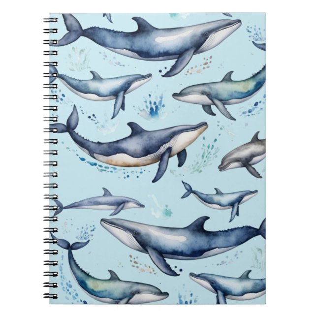 Cuaderno Acuarela ballenas azules y delfines, animal marino (Frente)