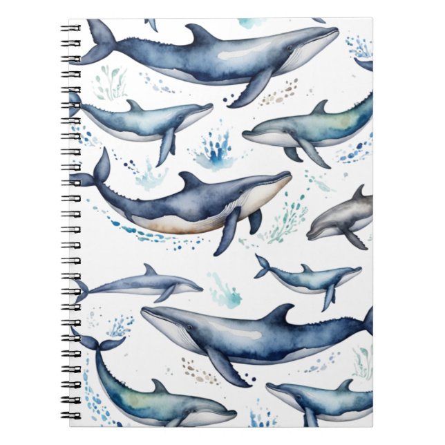 Cuaderno Acuarela ballenas azules y delfines, animal marino (Frente)