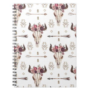 Cuaderno acuarela Boho: flechas, patrón de cráneo.